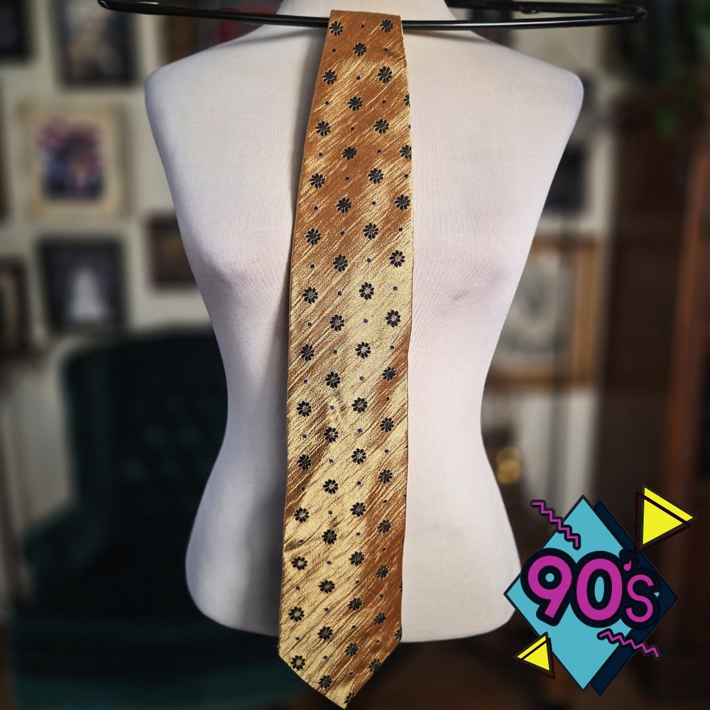 Structure Gold Silk Tie Vintage 90s Floral Geometric Pattern Mens Necktie USA